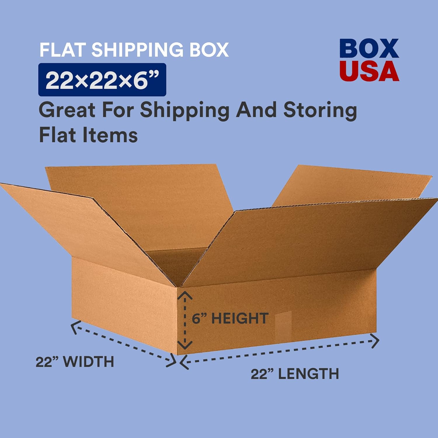 BOX USA 22x22x6 Flat Corrugated Boxes, Flat, 22L x 22W x 6H, Pack of 15 | Shipping, Packaging, Moving, Storage Box for Home or Business, Strong Wholesale Bulk Boxes