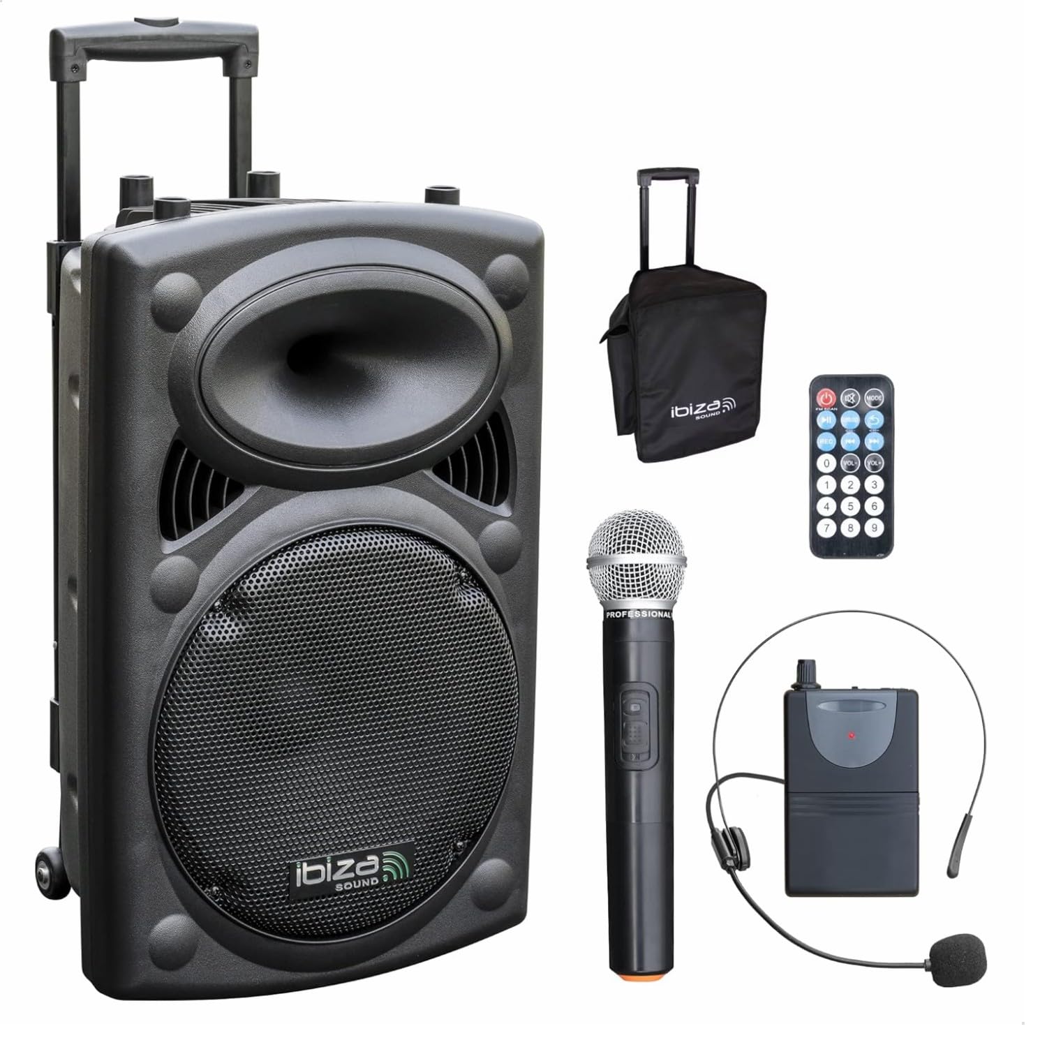 Ibiza - Pacchetto Karaoke Altoparlante portatile USB Bluetooth Ibiza PORT12VHF-BT 700W 4 microfoni senza fili - Supporto tablet SMM20 - Serata Sono