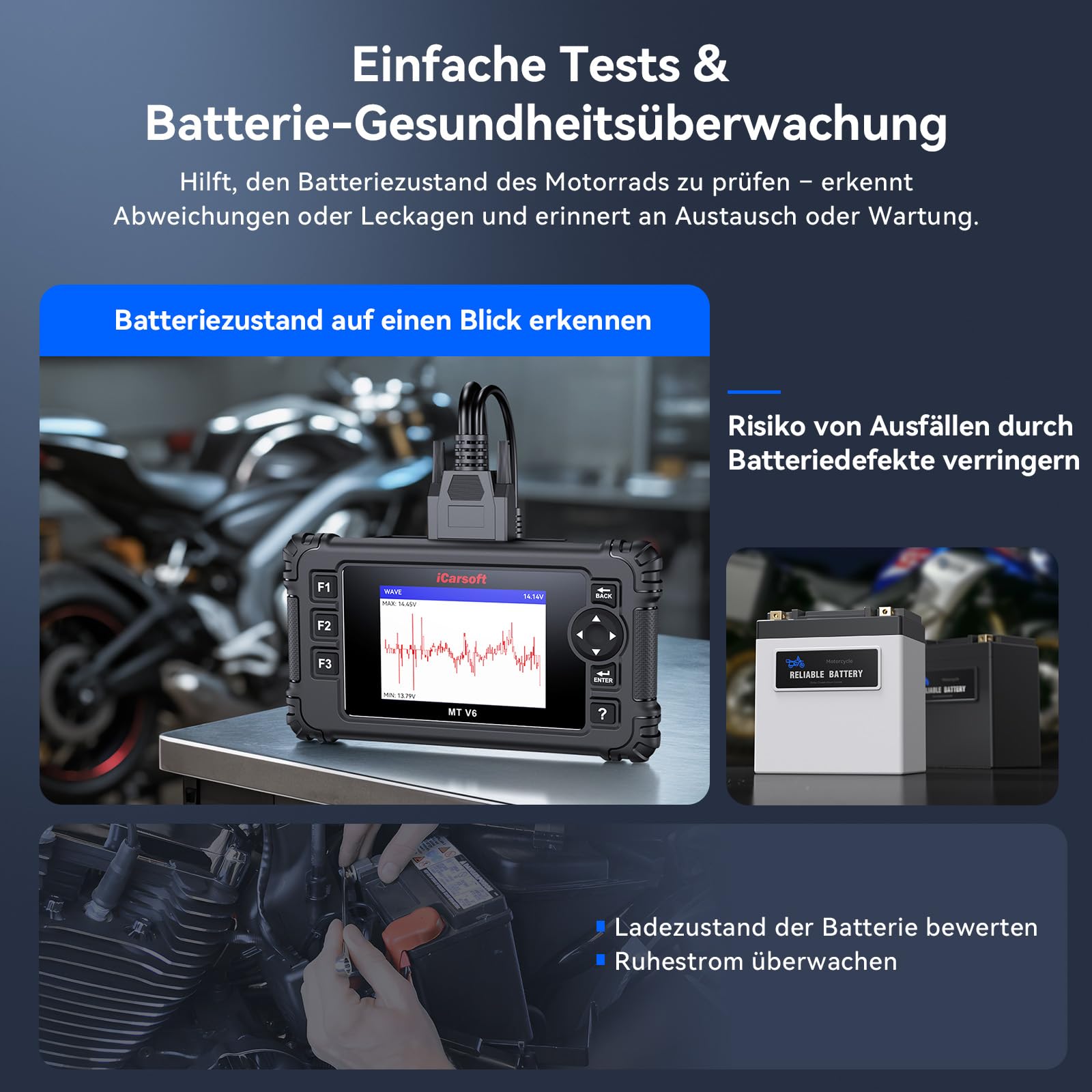 iCarsoft Motorrad OBD2 Diagnosegerät Bidirektional Passend für BMW mit ABS Bleeding, Throttle, Alle Systeme Motorrad-Diagnosetool, Multisystem-Diagnosecodeleser, mit Hot Reset Funktionen, Datenstrom