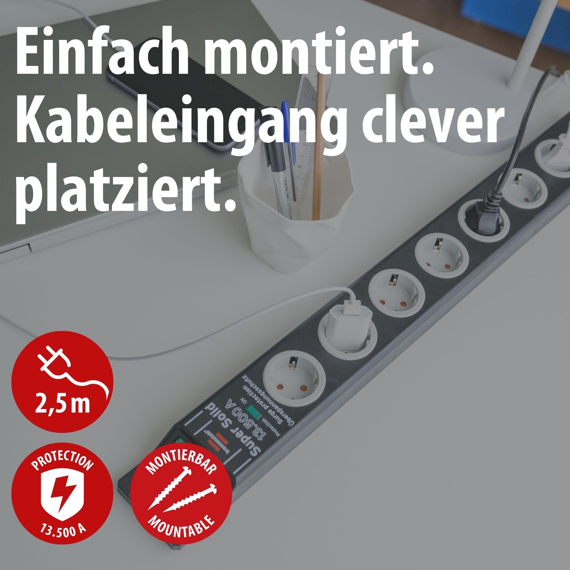 Brennenstuhl Super-Solid Steckdosenleiste 8-Fach mit Überspannungsschutz (Steckerleiste mit 2,5m Kabel und Schalter, Mehrfachsteckdose aus bruchfestem Polycarbonat) schwarz/grau