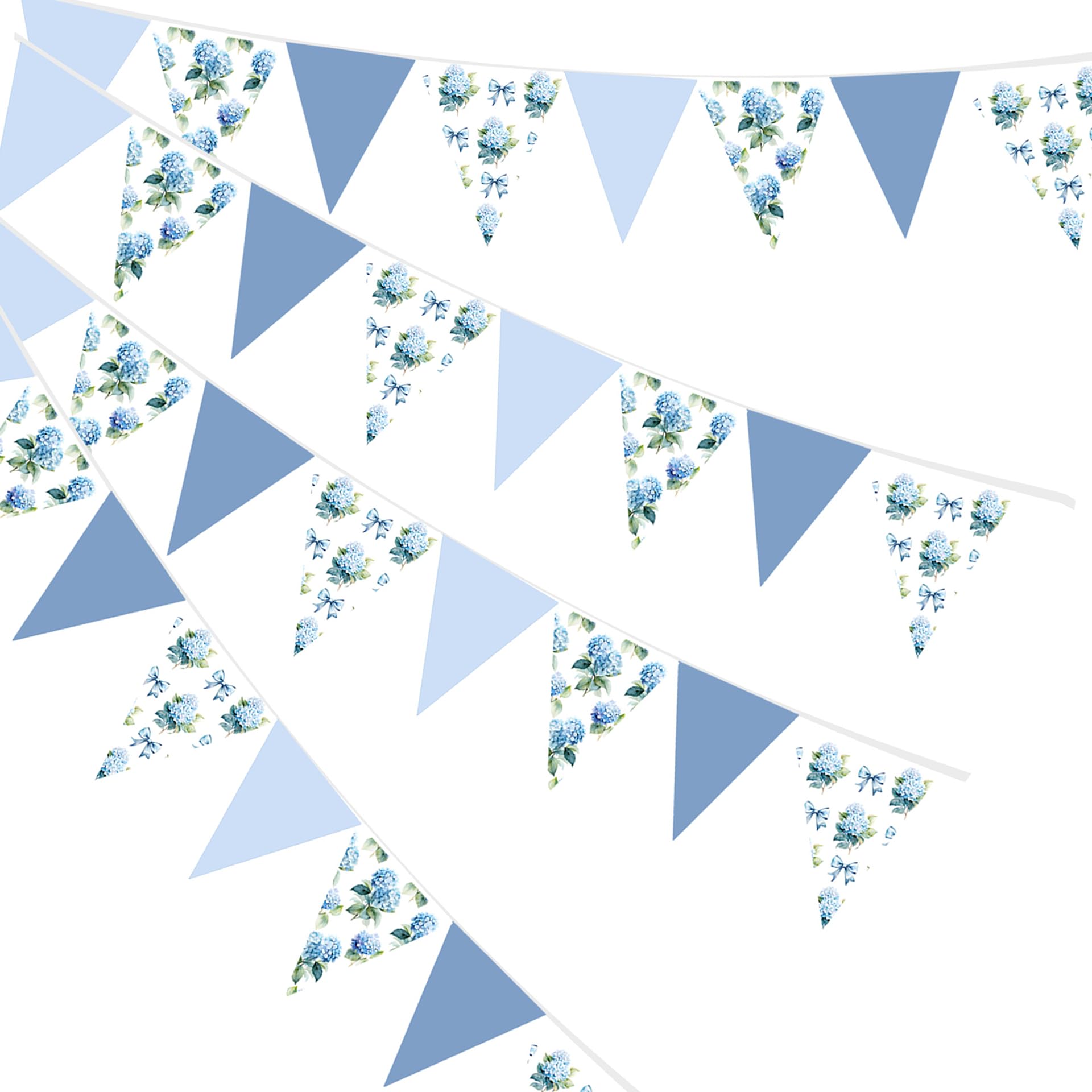 Floral Bunting with Blue Hydrangea Design - Pre-assembled Party Banners for Adult Home Decor, Elegant Anniversary & Celebration Decoration (24 Pieces)