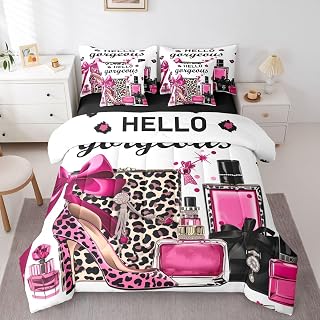 Erosebridal Black and Pink Leopard Print Comforter Set King Size | Fashion Modern Girly Bedding Set 7 Pieces Bow Perfume High Heels Bed Sets Trendy Stylish Girls Bed in A Bag with Flat Fitted Sheets