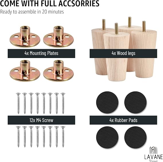 La Vane 4 inch Ash Wood Tapered Furniture Legs 4-Pack with 5/16 Thread | Unfinished Ash Wood with Straight Grain, 400lb Load Capacity, Hardware inclu., Mid-Century Modern, Upgrade for Sofa Cabinet