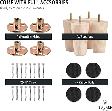 La Vane 4 inch Ash Wood Tapered Furniture Legs 4-Pack with 5/16 Thread | Unfinished Ash Wood with Straight Grain, 400lb Load Capacity, Hardware inclu., Mid-Century Modern, Upgrade for Sofa Cabinet