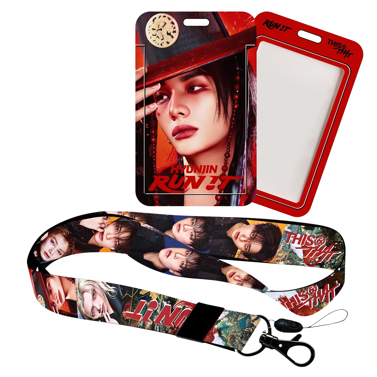 Stray Kids Run IT Photocard Holder Case and Lanyard Set, 1 Pcs Lanyard & 1 Pcs ID Photo Holder Stray Kids Plastic Badge Holder with Strap SKZ Merch Gift (HYUNJIN)