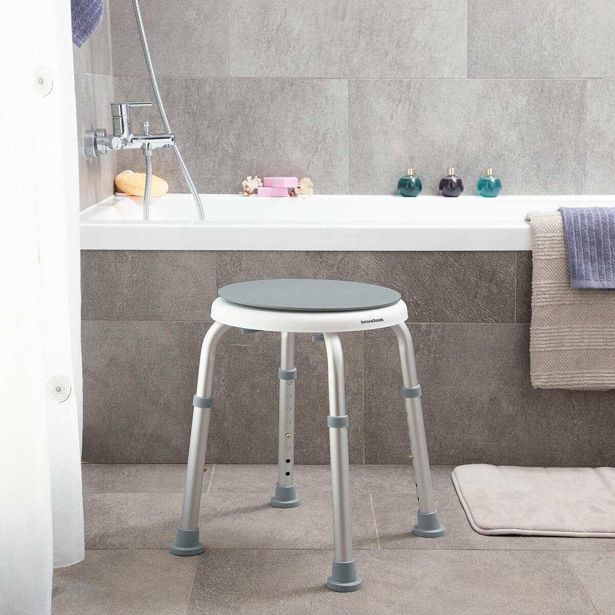 InnovaGoods® Taburete Baño Giratorio, Silla Ducha Personas Mayores con rotación de 360º, Taburete con 8 Niveles de Altura Ideal para Personas Mayores y Personas con Movilidad Reducida.