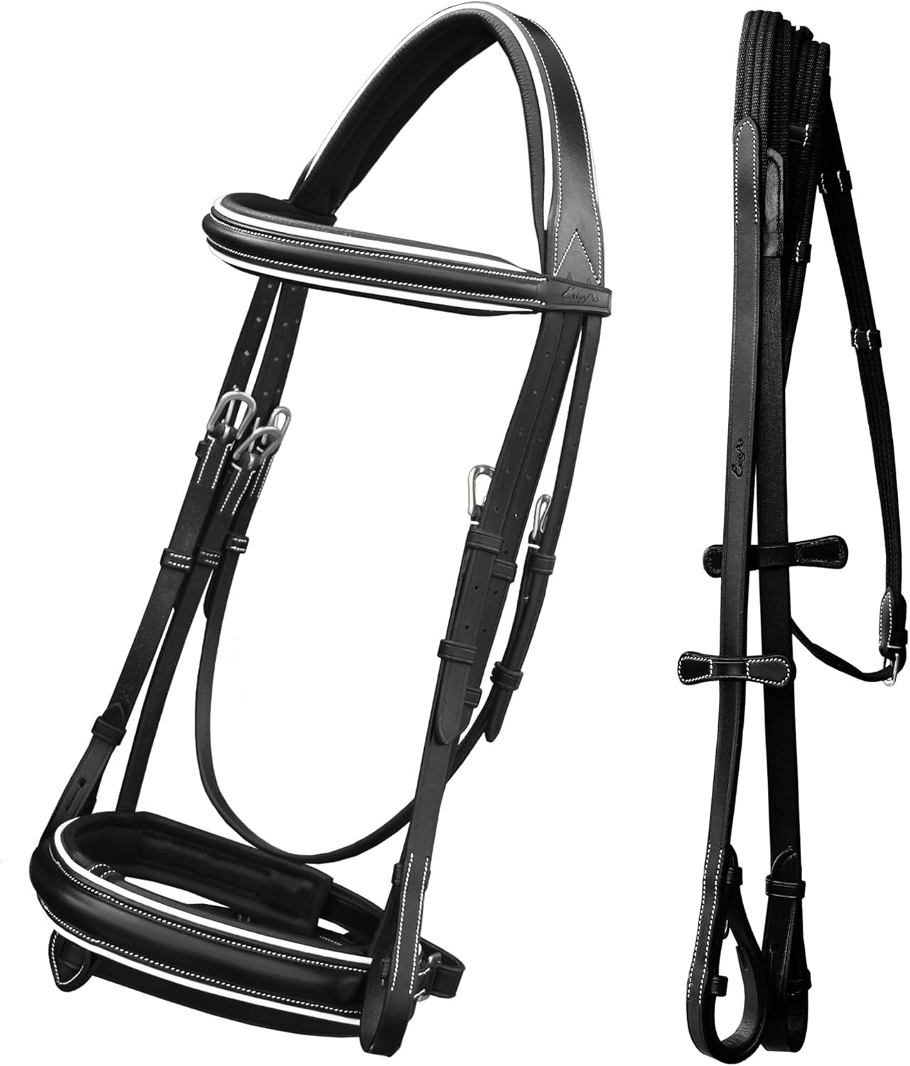 Exion Dressage Bridle for Horse with White Piping – Premium Padded Leather English Bridle with Detachable Flash & Web Reins – Black, Brown – Cob, Full, Pony, Warmblood