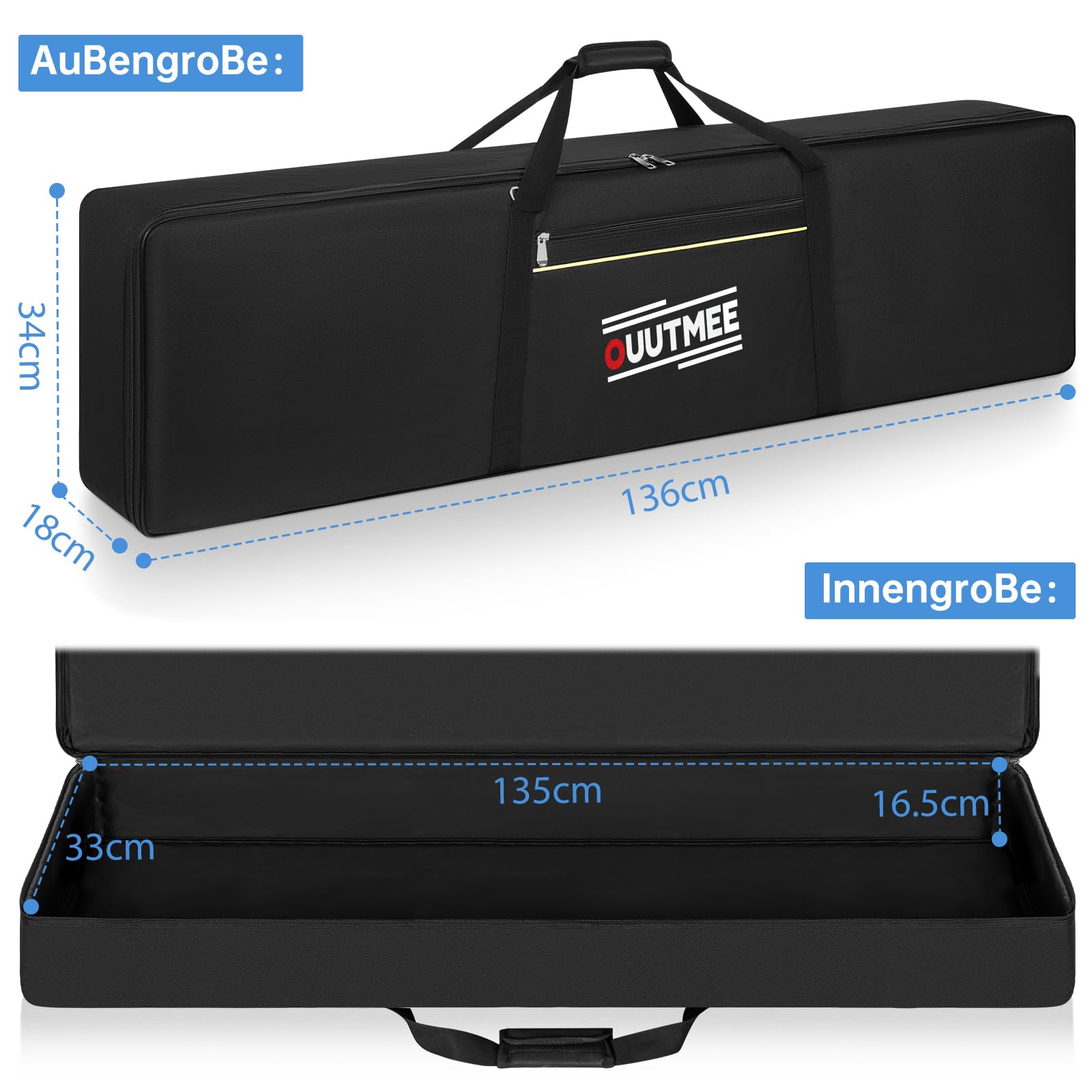 OUUTMEE 88 Keyboard Tasche Zwei Möglichkeiten Zum Tragen,136 x 18 x 34 cm Keyboard Piano Tasche,600D Waterproof Oxford Cloth Piano Tragetasche,Schwarz