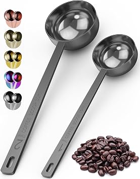 Orblue Premium Coffee Scoop Set - 1 Tbsp 15ml & 2 Tbsp 30ml Measuring Tablespoon - Stainless Steel Coffee Measuring Spoon and Scooper with Long Handles - Pack of 2 Black