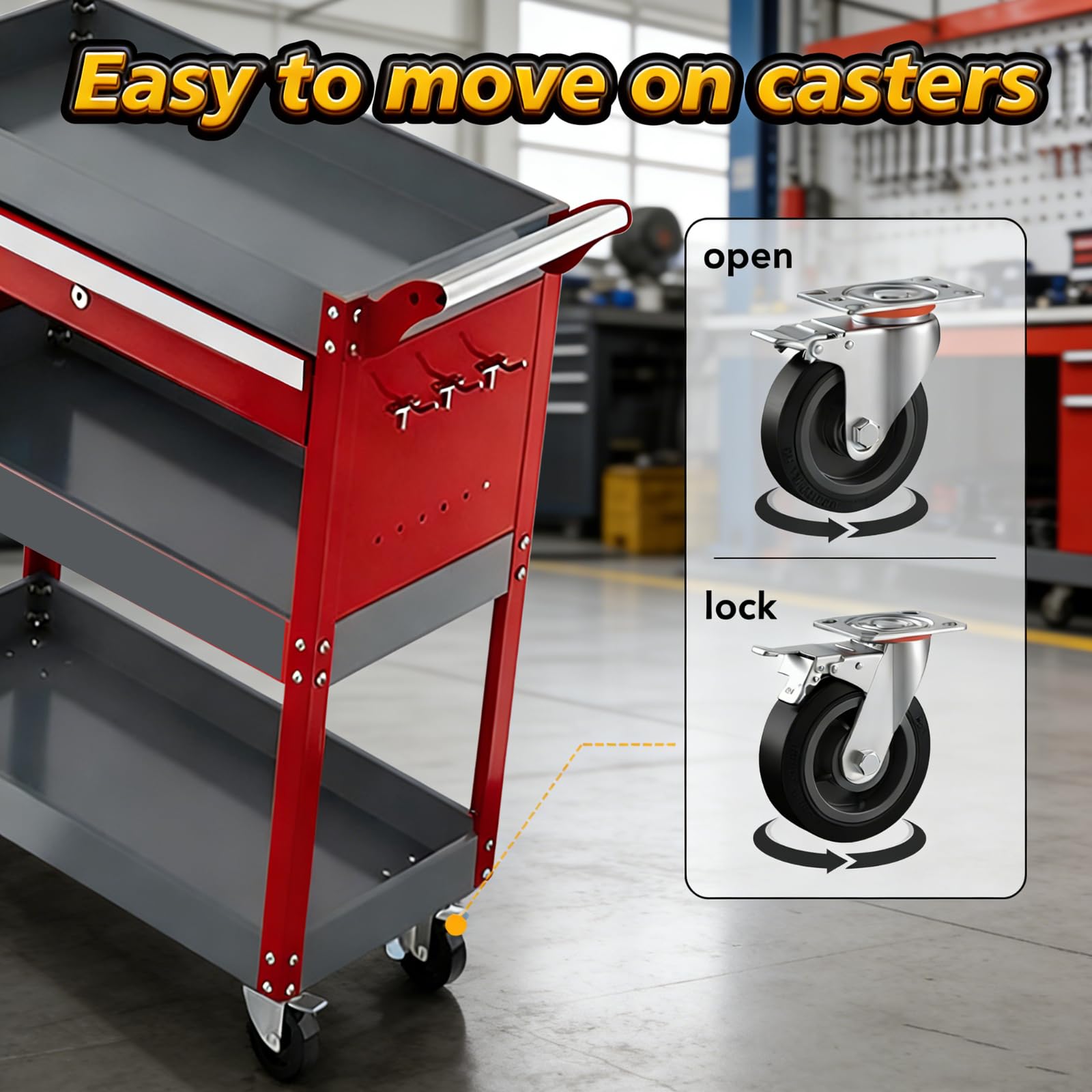 AIRAJ Carro de Taller con 3 Niveles,Carga Máxima 200kg,Equipado con 4 Ruedas Giratorias con Sistema de Bloqueo. Carro de Gran Capacidad, Ideal para Garaje, Almacén y Taller.