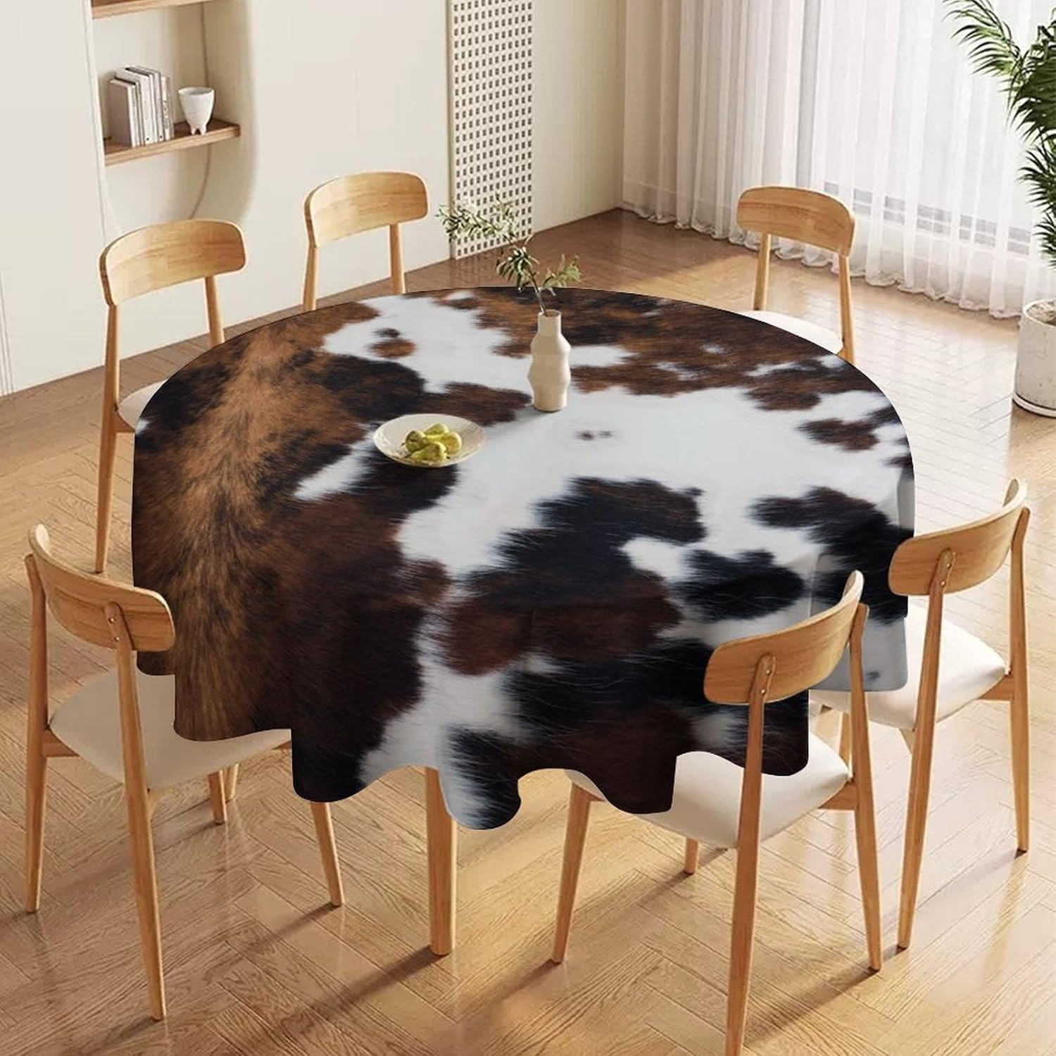 Cow Print Waterproof Round Tablecloth, Brown White Cowhide Animal Fur Western Rustic Farm Table Cloth Cover Oil Proof Table Cloths for Dining Party Kitchen Decor 70x70in