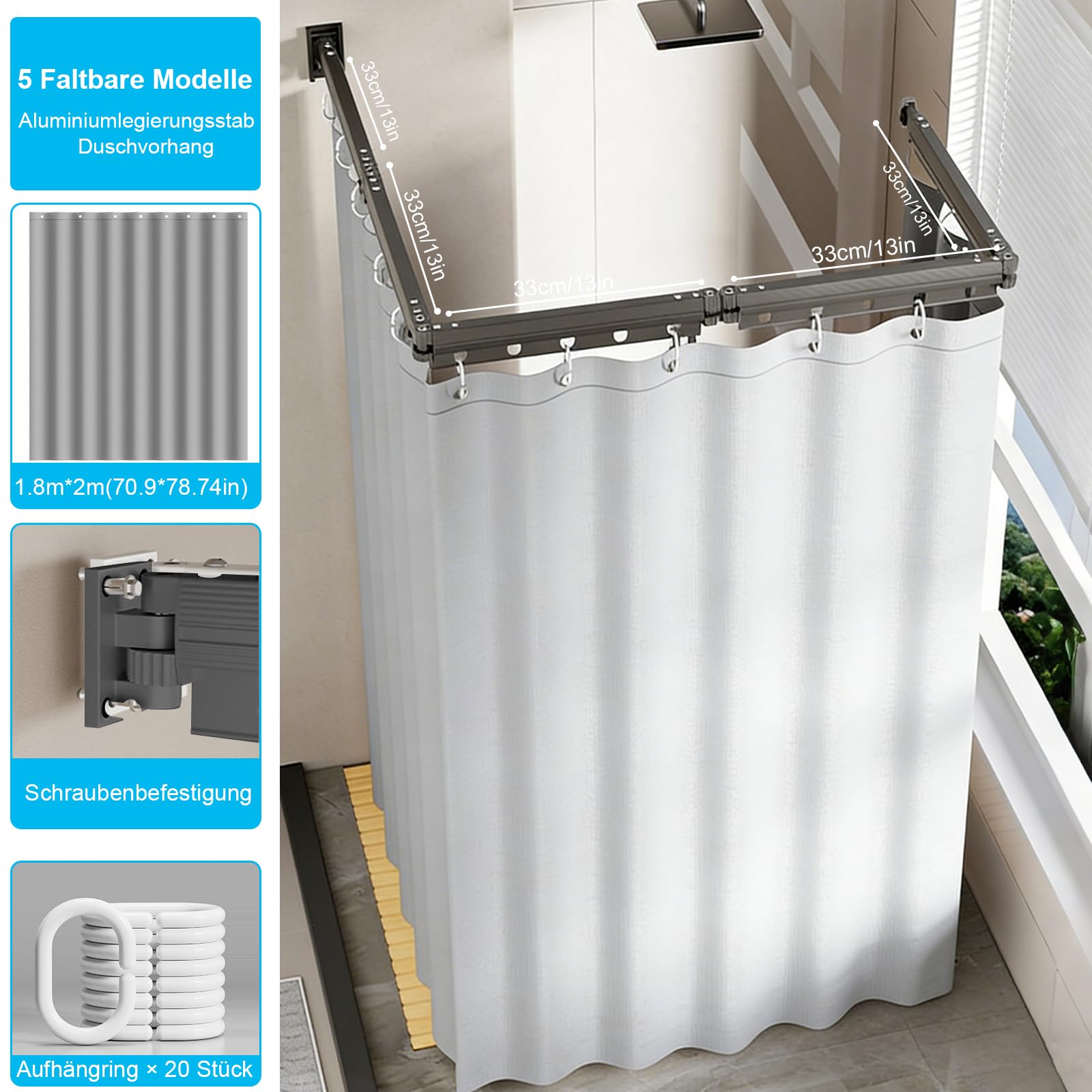 Faltbare Duschvorhangstange Ohne Bohren mit Wasserdichtem Duschvorhang, Drehbare Duschstange L-Form U-Form oder Gerade, Duschvorhang mit Stange für Badezimmer Badewanne (Grau, 5-fach faltbar)