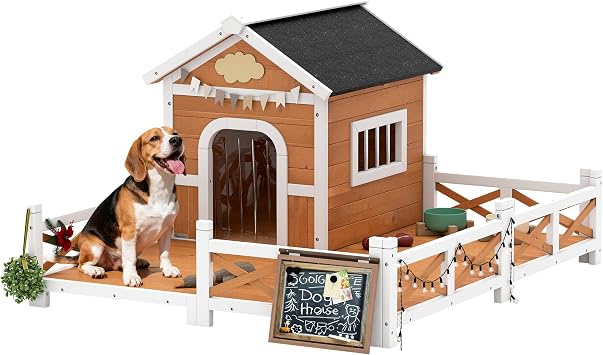 PawHut Outdoor Dog House, 56" Wooden Dog House with Large Porch, Weatherproof & Openable Roof, Elevated Base, Removable Floor, Outside Shelter for Small to Medium Breeds, 47" 56" 31.5"