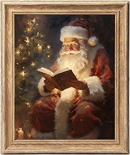 ASTRDECOR Vintage Christmas Wall Art, 8x10 Santa Claus Reading Book Vintage Canvas Print with Wood-Look Frame, Rustic Christmas Oil Painting for Xmas, Winter Home, Living Room, Xmas Decorations