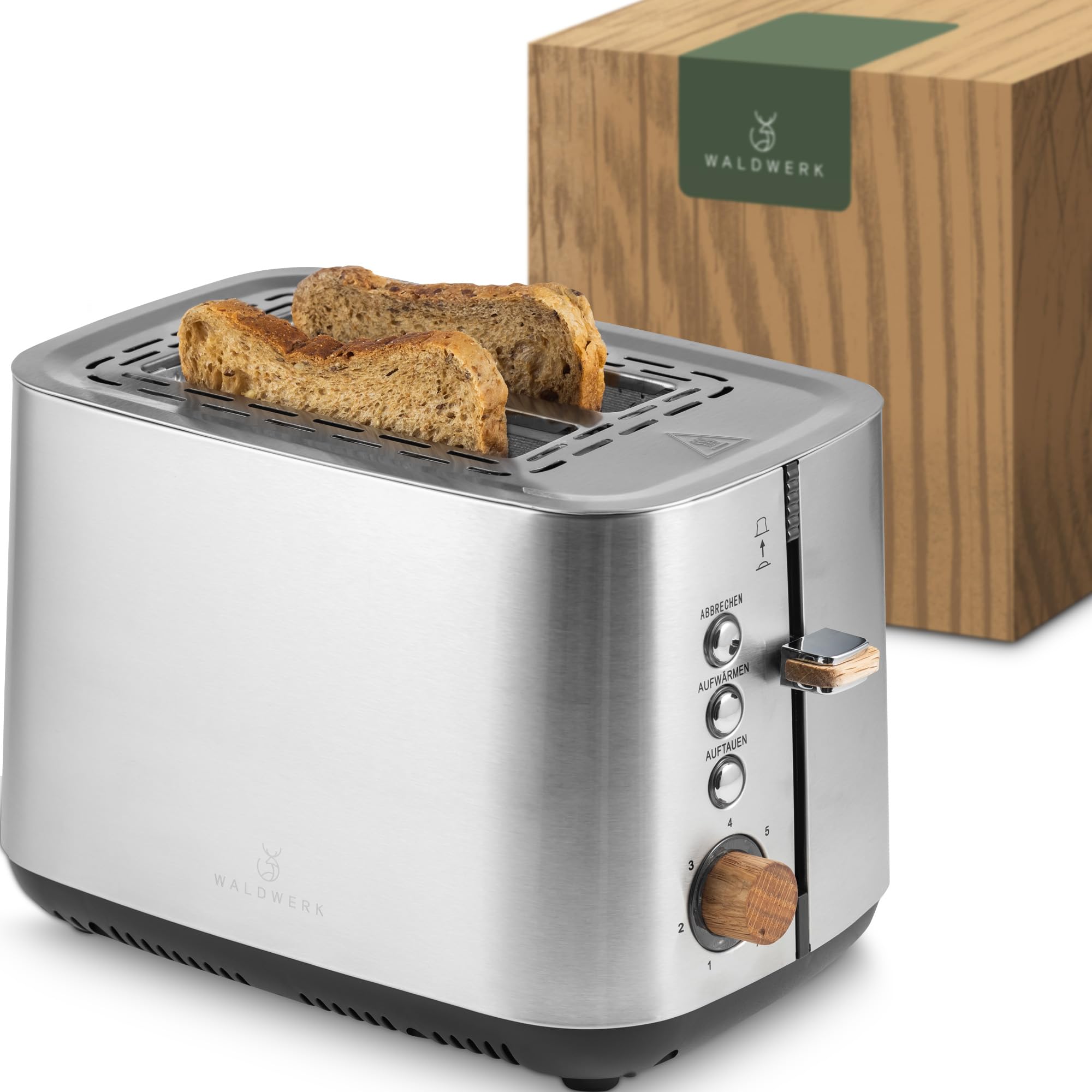 WALDWERK Tostapane di Design – in acciaio inox 304 e legno di quercia – per 2 fette – con supporto per panini – con camere di tostatura extra larghe e profonde – con cassetto raccogli-briciole