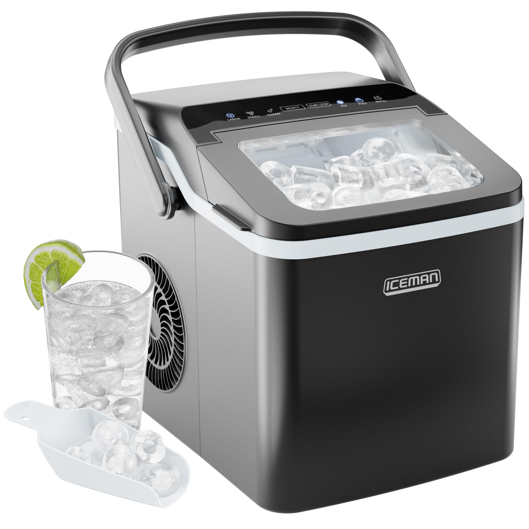 Chefman Iceman - Máquina para hacer cubitos de hielo (10 kg/24 h, 9 dados en 7 min, tamaño dual) | Portátil, autolimpieza, cubos grandes y pequeños, incluye pala de hielo