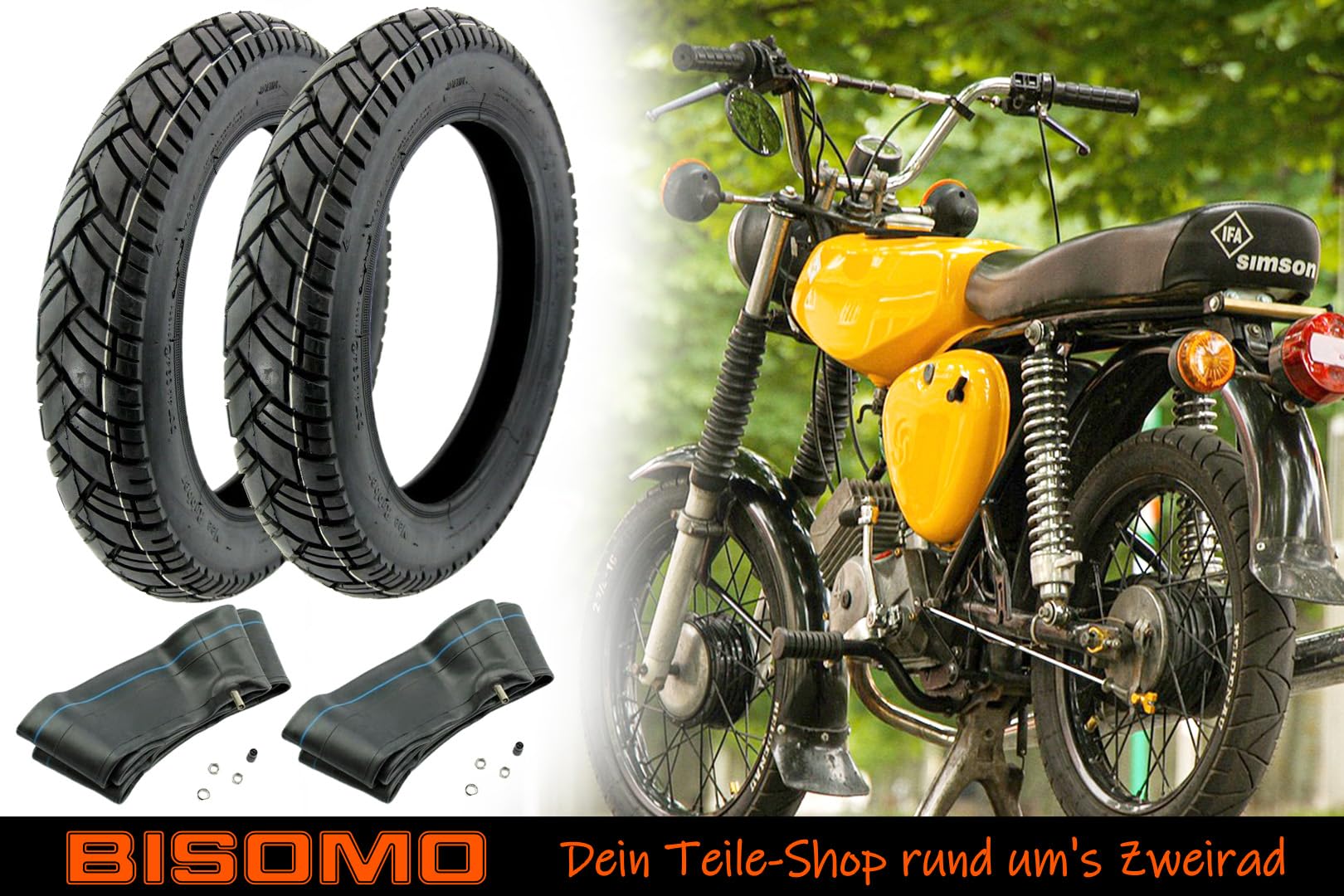 2 Reifen 2,75 x 16 Zoll VRM 094 Straßenprofil, 43J Vee Rubber inklusive Schlauch 2,50-2,75 x 16 Zoll, TR4 Ventil gerade für Simson