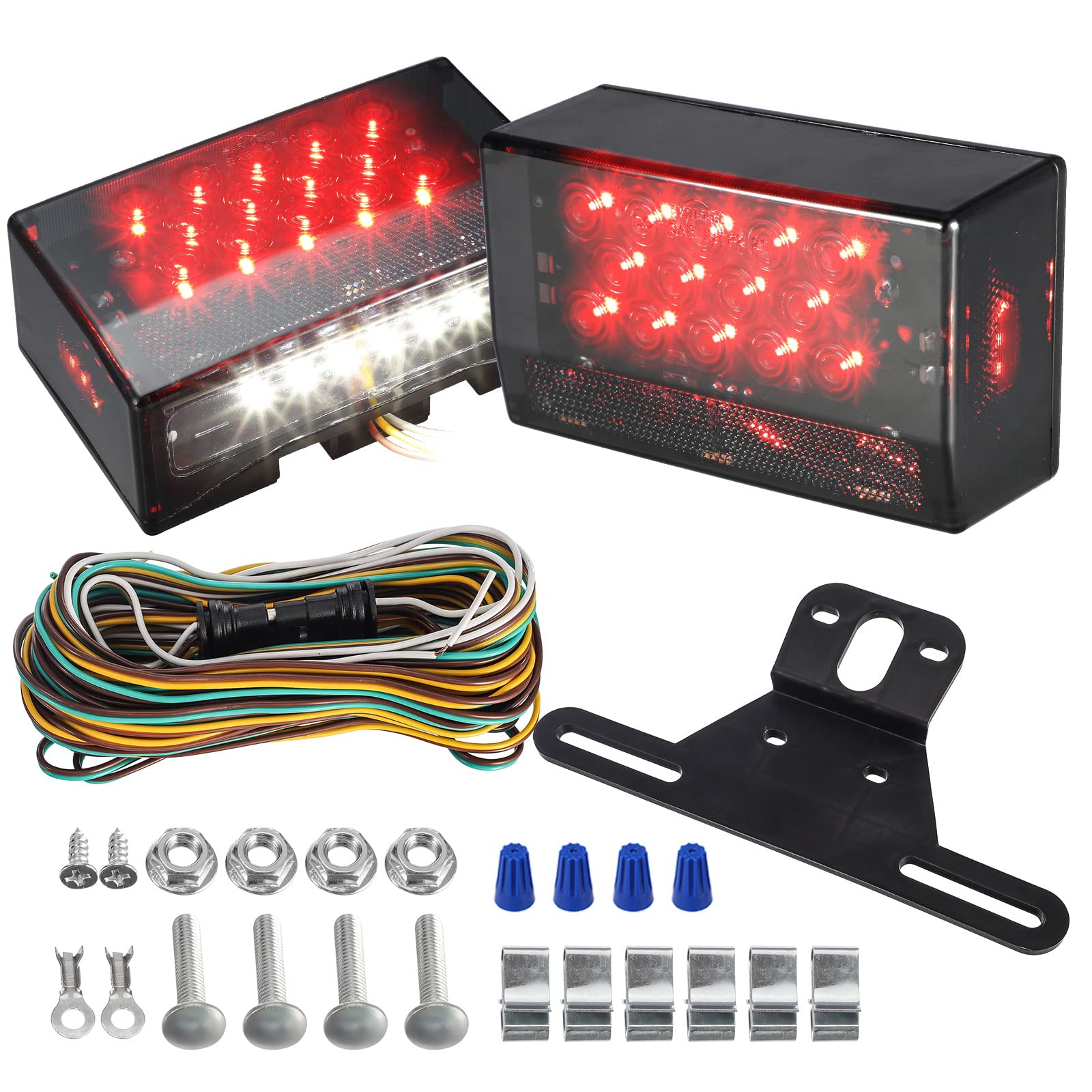Partsam 12V LED Rectangular Trailer Light Kit, Sealed Rectangle IP68 Waterproof Truck Marine Boat Trailer Stop Turn Tail License Plate Brake Running Lights w 25ft Wiring Harness & Bracket