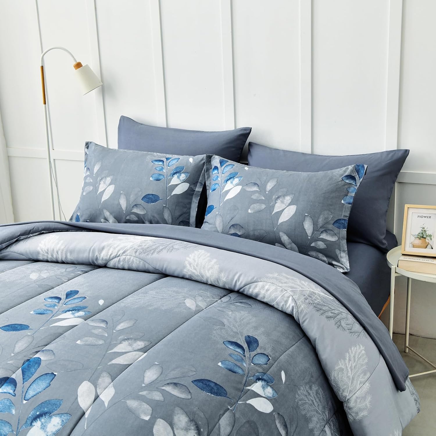 Anibedding Blue Comforter Set Queen Size 7 Piece Navy Botanical Gradient Leaves Ultra Soft Microfiber Down Alternative Bedding Set Lightweight Reversible Bed Comforter Set for All Season 90" x 90" - Image 8