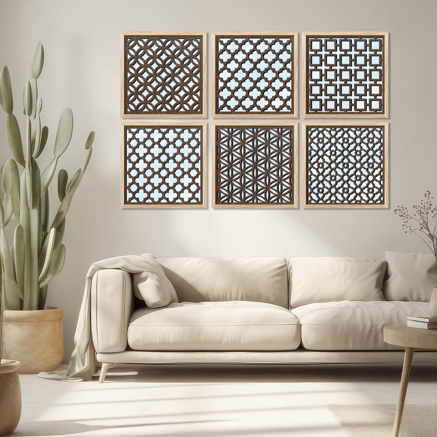 Kotart Wood Jharokha Mirror Panel for Home Art Decoration | Wall Decor Frames - Set of 6 (Mirror 5, Small) 10x10 Inch-image-42