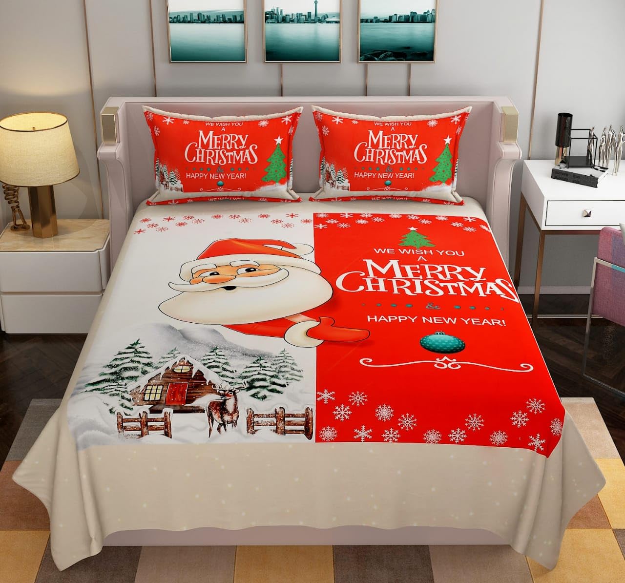 Kitch Deco™ Glace Cotton 250TC Digital Printed Christmas/New Year/Kids Flat Double Bed Sheet with 2 Pillow Cover (Merry Christmas Santa)