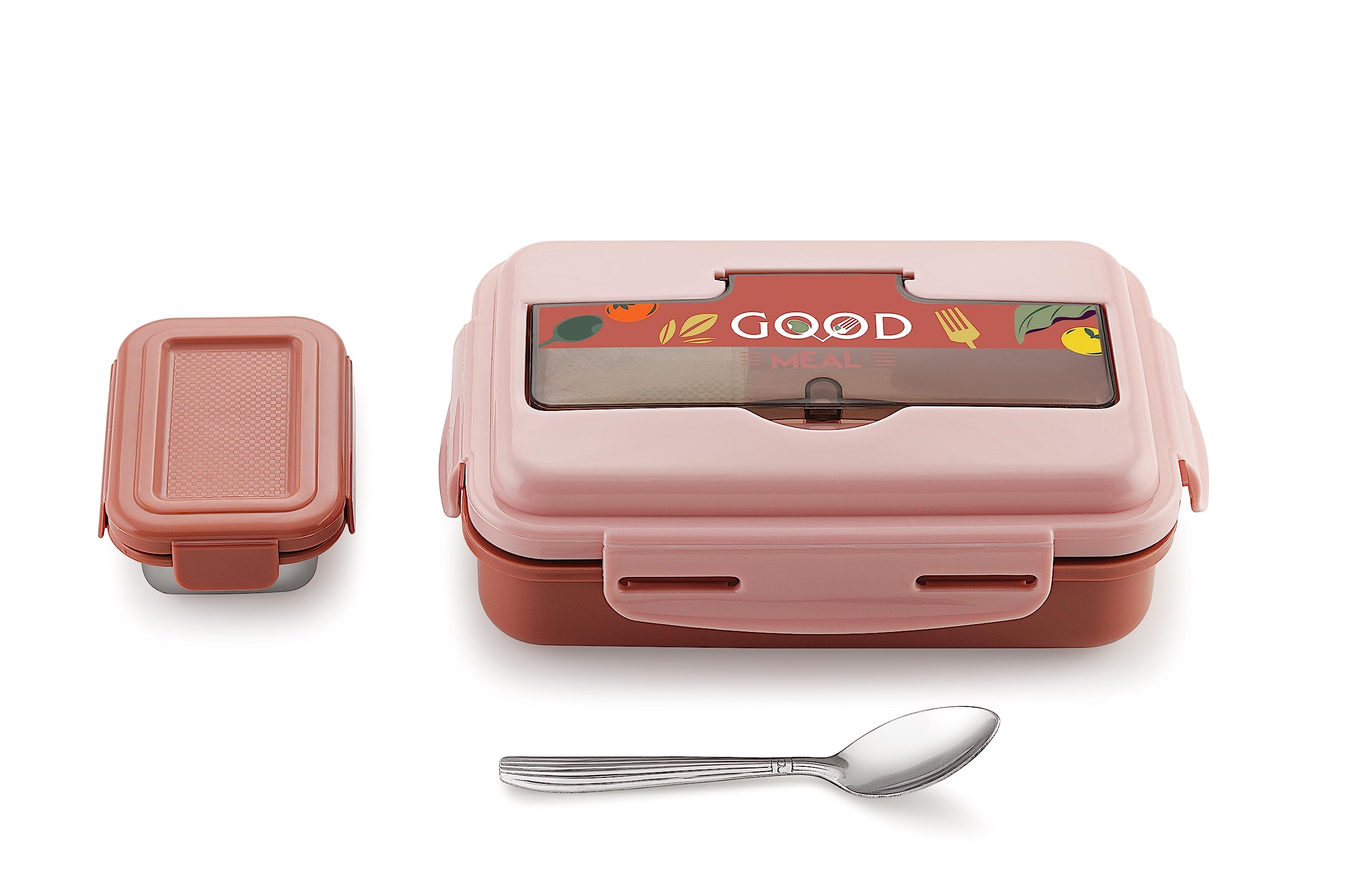 GALOOF 2 Compartment Stainless Steel Lunch Box for School Going Kids with Veg Box and Spoon | 700 ml Stylish Leak Proof Snacks Tiffin Box for School Boys and Girls (Pink) (B0C8Z8YYP4) Amazon Price History, Amazon Price Tracker
