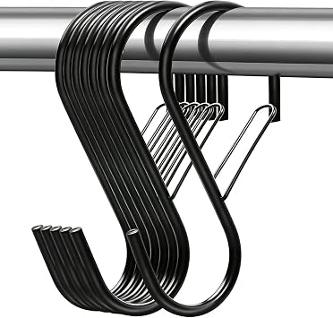 S Hooks for Hanging with Safety Buckle, 10 Cm Black Heavy Duty Large S Shaped Hook, Metal Kitchen Hooks for Utensils, Plants, Bathroom,Clothes, Jeans, Pots, Bags-8 Pack