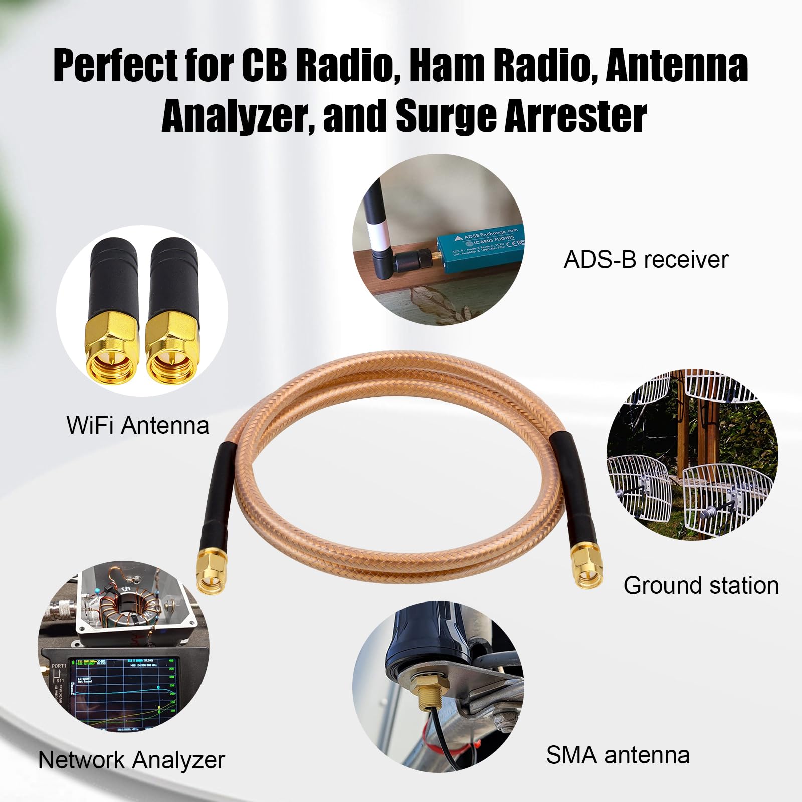XRDS -RF RG8X Cavo di prolunga SMA a bassa perdita da SMA maschio a SMA maschio, cavo coassiale in rame intrecciato ad alta densità, 50 Ohm, per antenna WiFi, gateway 4G 5G LTE, router, radio