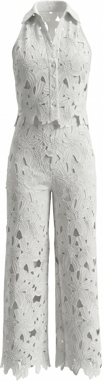 Two Piece Outfits for Women 2026 Lapel Hollow out Lace Vest Pants Set Vest and Pants Set Women Lace Outfit Floral Pants Suit