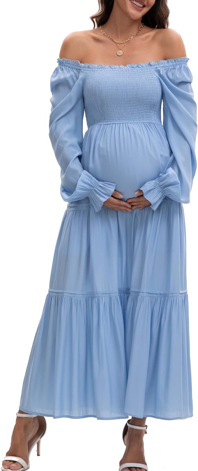 Women's Fall Long Sleeve Maternity Maxi Dress Flowy Tiered A Line Photoshoot Baby Shower Dress - Image 5