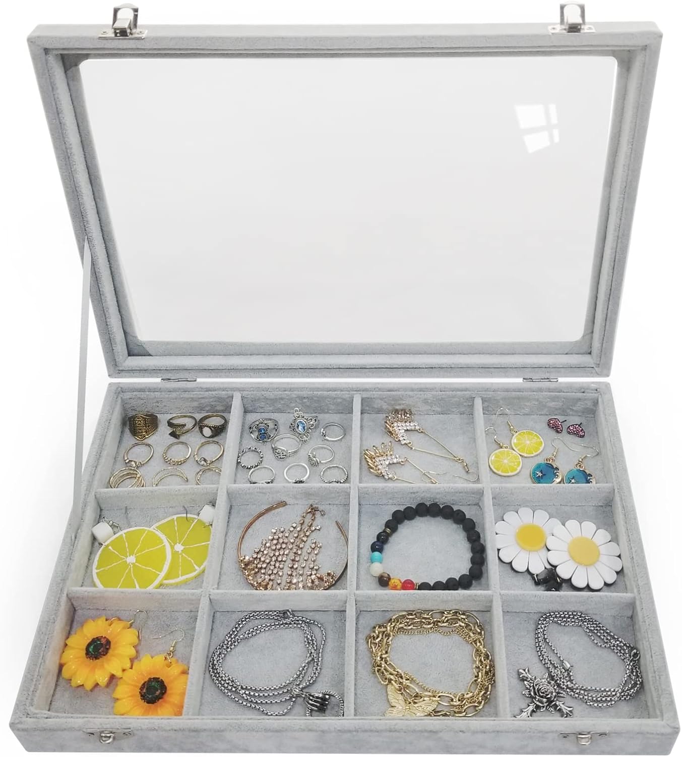 Ice Velvet Jewelry Box Display Case with a Clear Glass Window,10 Hooks Necklace Organizer Box and 12 Grids for Earrings Rings Storage Grey
