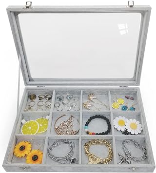 Removable 12 Grids Bracelet Organizer Box Ice Velvet Clear Lid Bangle Jewelry Tray Display Case Grey