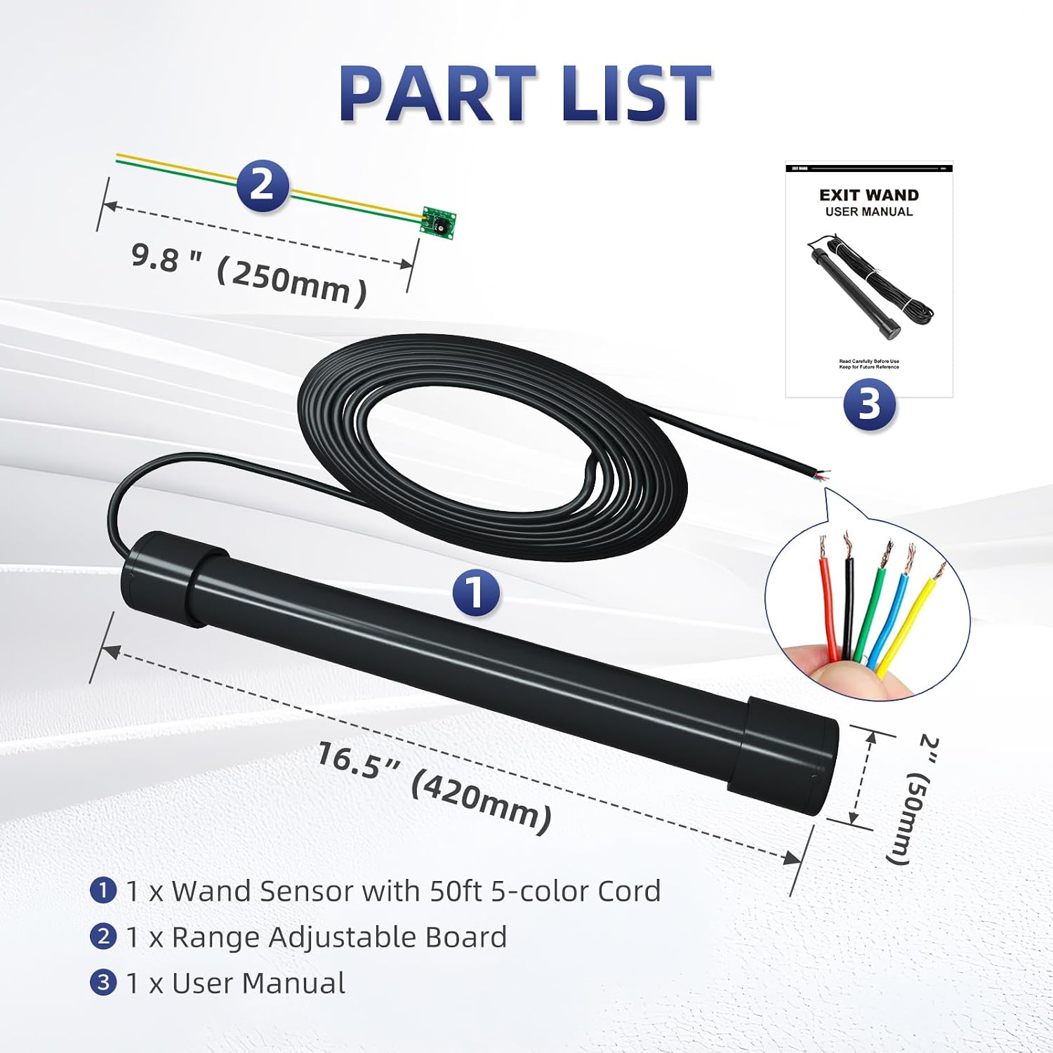 Universal Wired Vehicle Exit Wand Sensor with 50 ft Cable for Sliding & Swing Gate Opener, Automatic Driveway Gate Opener Car Detector Works with JUJIANG, Mighty Mule, Ghost Controls, X X-HOUSE