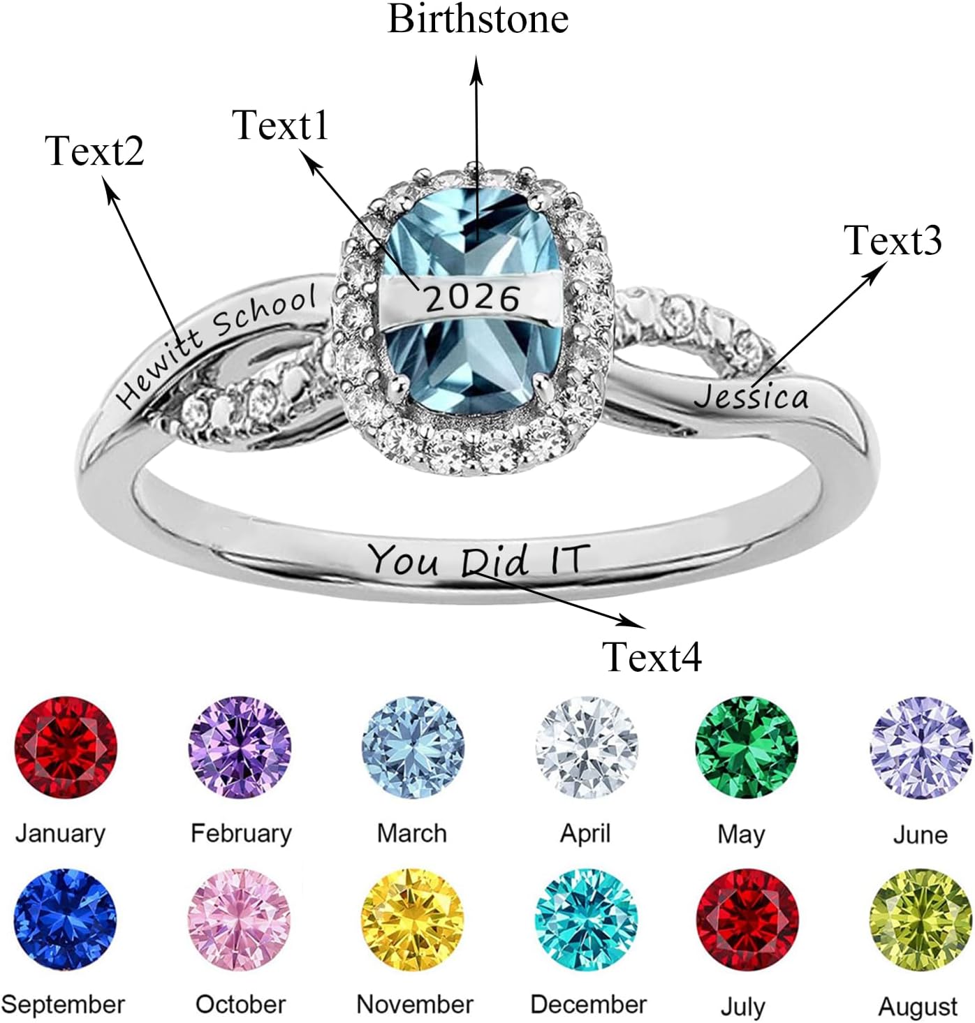 Personalized Class Ring for Women with Birthstones 925 Sterling Silver/10K Gold/14K Gold/18K Gold High School College Graduation Ring Class of 2026 Graduation Jewelry for Her