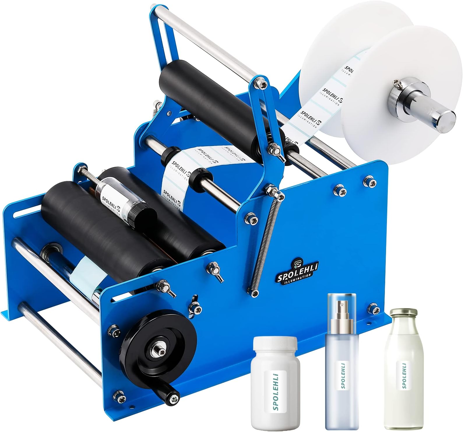 Bottle Labeling Machine with Swing Arm, Manual Round Bottle Labeler Label Applicator Adjustable Self-Adhesive Labeling Machine for φ0.6-4.7” Cylinder (with Pressing bar)