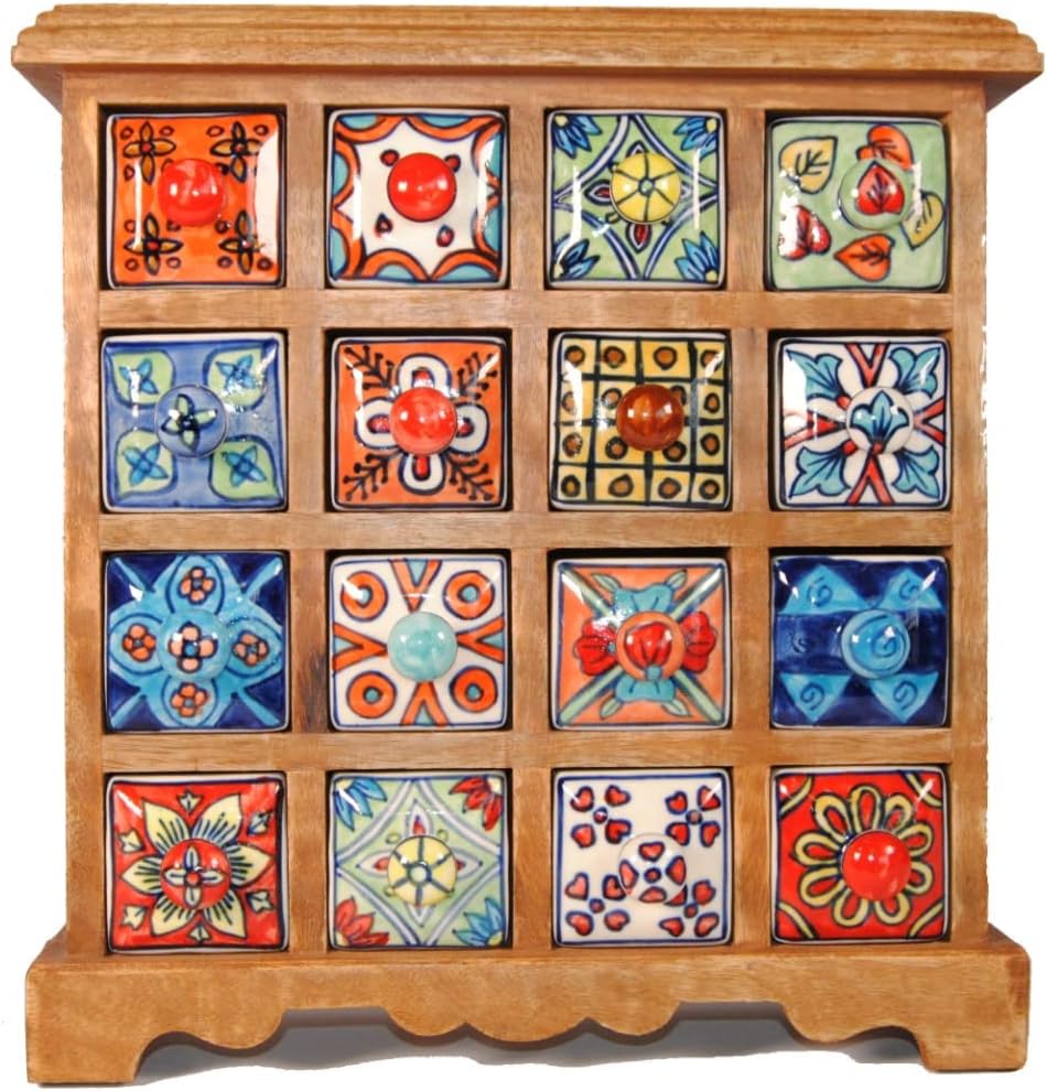 Terrapin Trading Fair Trade Mangowood 16 Drawer Hand Painted Indian Ceramic Storage Chest 33cm