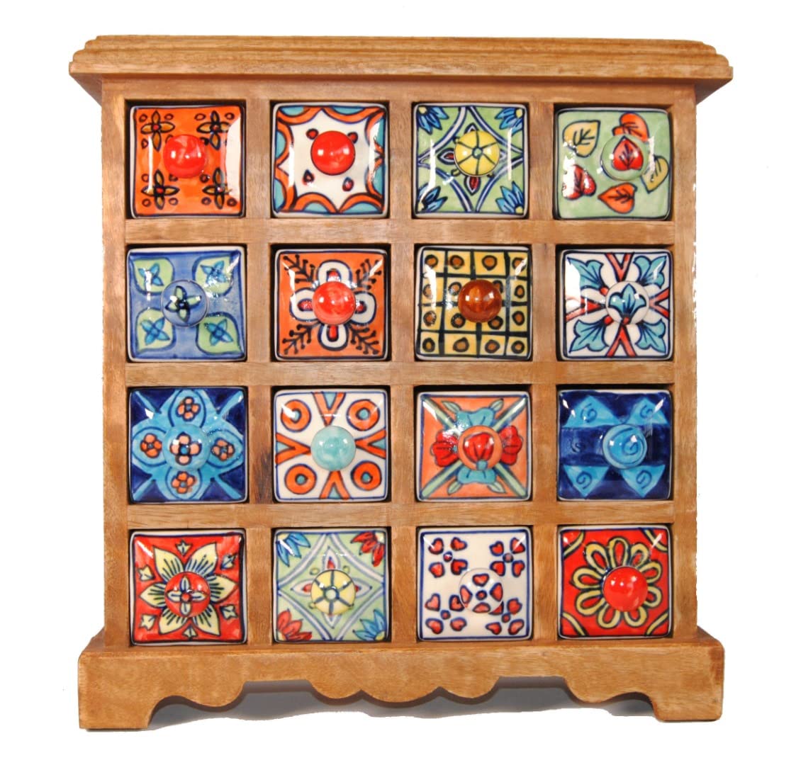 Fair Trade Mangowood 16 Drawer Hand Painted Indian Ceramic Storage Chest 33cm