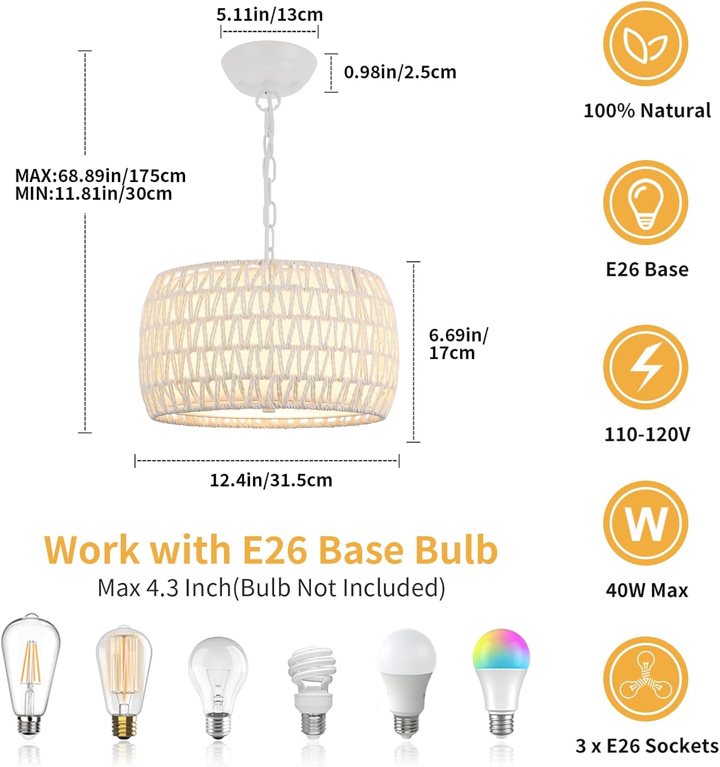 WILON White Rattan Pendant Light for Dining Room Light Fixture, 3-Light Rattan Boho Farmhouse Chandeliers Light, Modern Drum Hanging Lights for Kitchen Island Living Room Bedroom Foyer Entryway