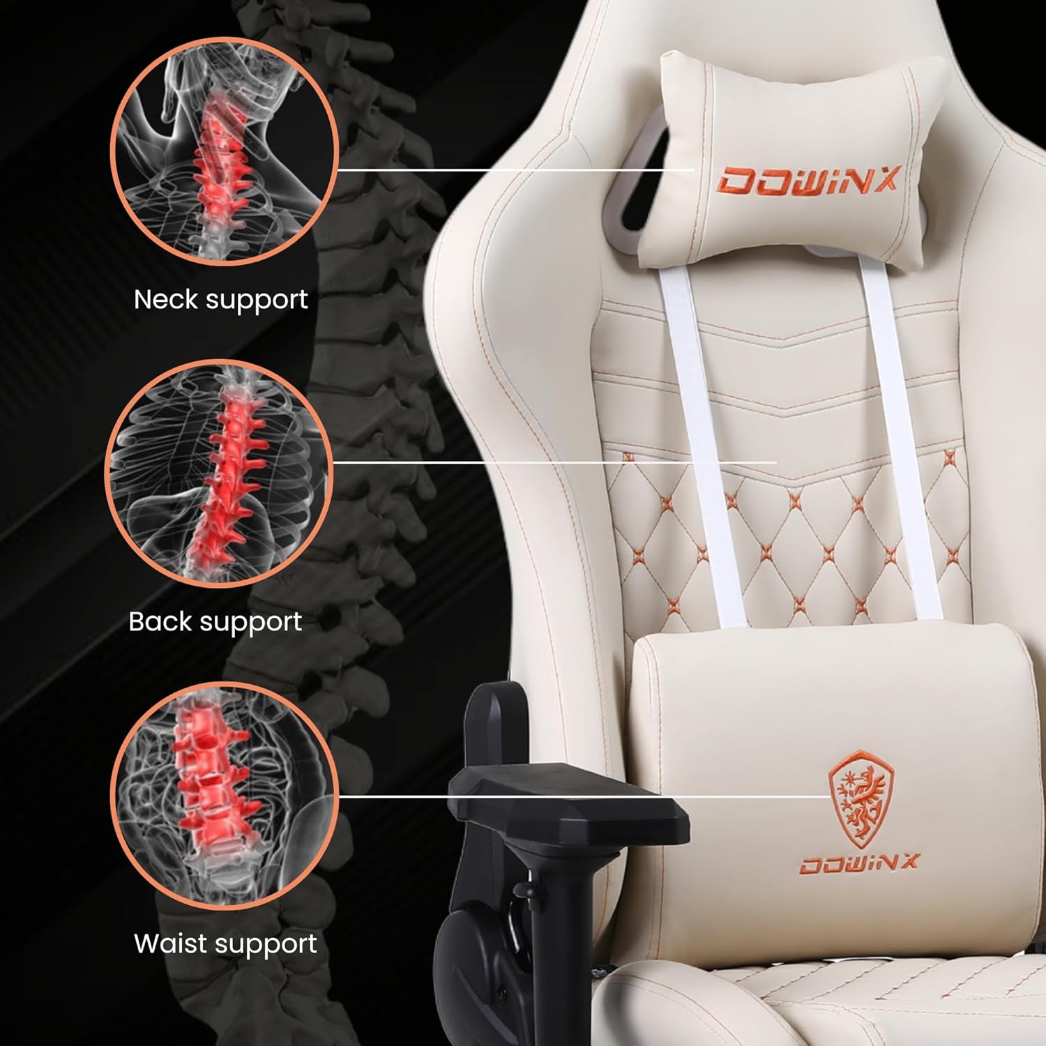 Dowinx multi-functional ergonomic gaming and computer chair-masaz cushion, premium pu leather, adjustable neck and lumbar pillow for back support and faction, home and office chair (White 4D) Dowinx multi-functional ergonomic gaming and computer chair-masaz cushion, premium pu leather, adjustable neck and lumbar pillow for back support and faction, home and office chair (White 4D)