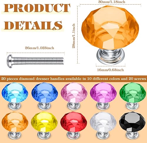 Miniatura 2 de Qunclay 20 pomos de cristal para gabinetes de 1.181 in, tiradores de cajones coloridos en forma de diamante, manijas de tocador para muebles,