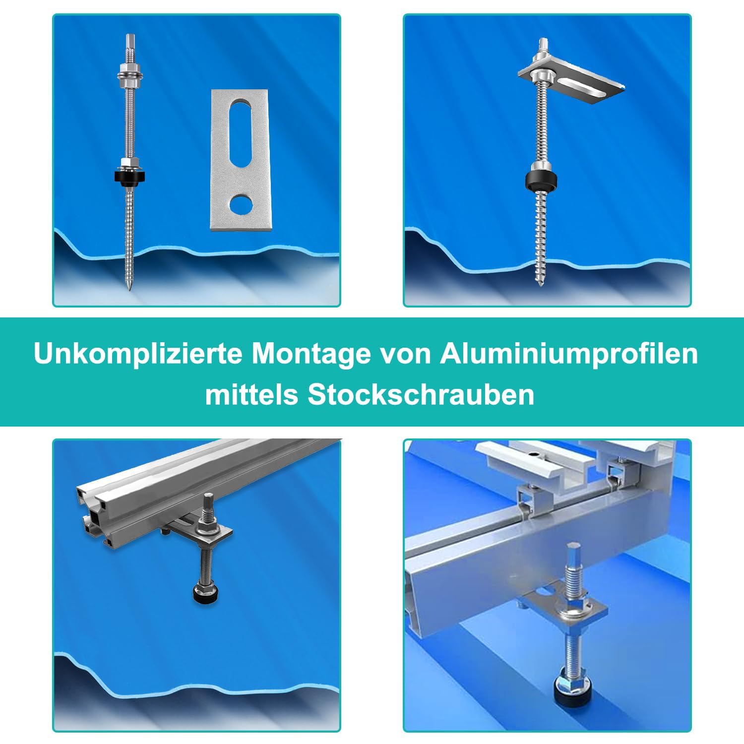 Lot de 6 vis à double filetage M10 x 200 mm Installation PV en acier inoxydable réglable en hauteur Chevilles pour fixation solaire photovoltaïque sur les toits de bâtiments Matériau : acier