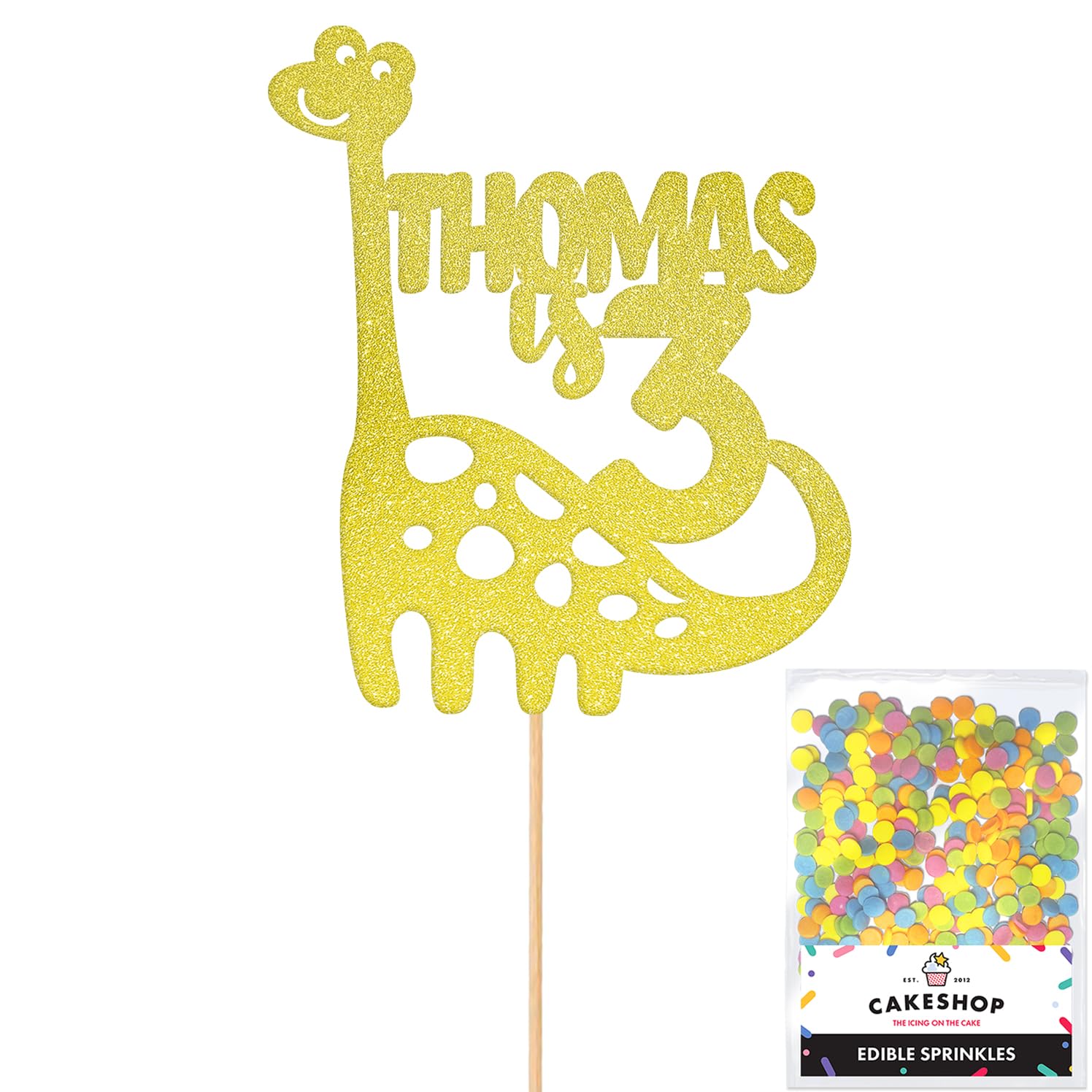 Personalised Birthday Dinosaur Glitter Cake Topper- Champagne Any Name & Age Glitter Cake Decoration and Sprinkles - Happy Birthday Decorations - Personalised Toppers for Cakes by Cakeshop — image 1