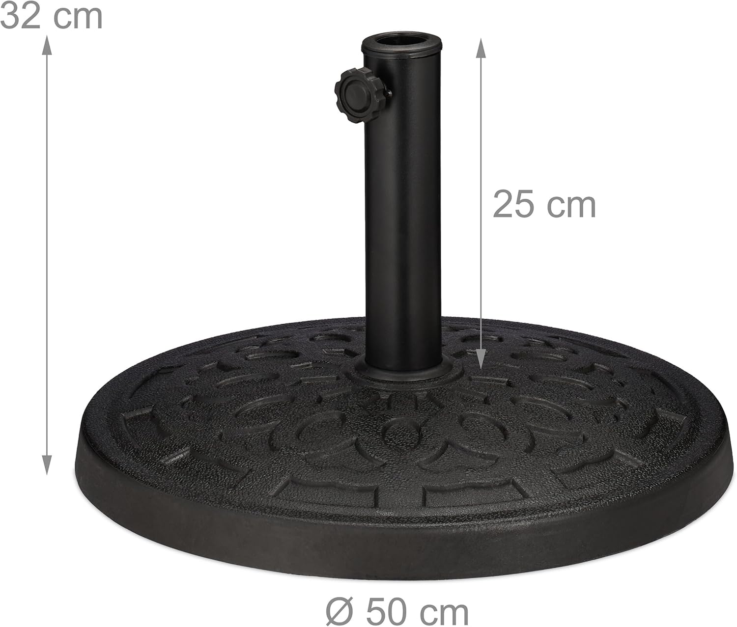 Diagram showing the dimensions of the umbrella stand: 32 cm height, 25 cm tube height, and 50 cm diameter.
