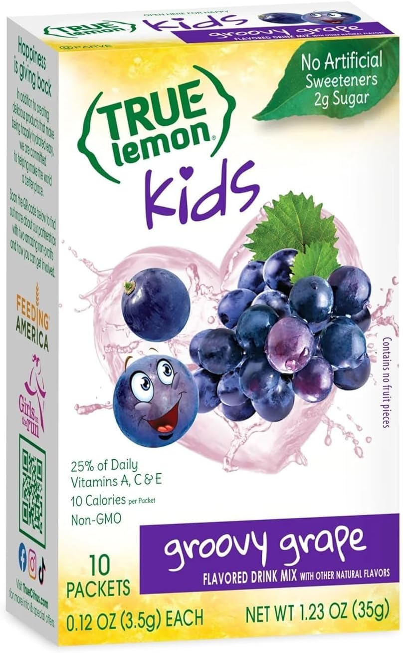 TRUE LEMON KIDS Groovy Grape (10 Packets) for Hydration - No Preservatives, No Artificial Flavors, No Artificial Sweeteners - Low Sugar Water Flavoring - Powdered Drink Mix for Kids