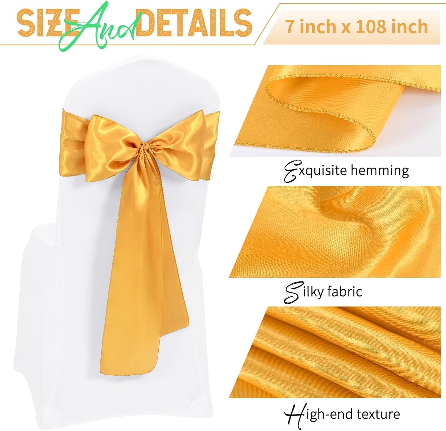60 PCS Gold Satin Chair Sashes, Ties Bows Designed Chairs Decorative, Chair Cover Sashes for Thanksgiving Wedding Christmas Banquet Party Home Kitchen Decoration (7 x 108 inch)
