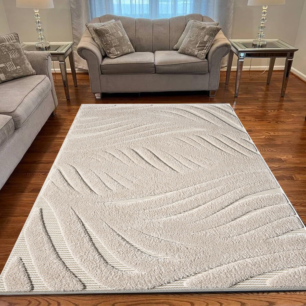 Rugs Inn Comfy Rug for Bedroom Dining Room Kitchen Rugs - Super Soft Dense Pile Heavy Weight Non Slip Washable Rug Indoor Use (Des2 Beige, 120 x 170 cm)