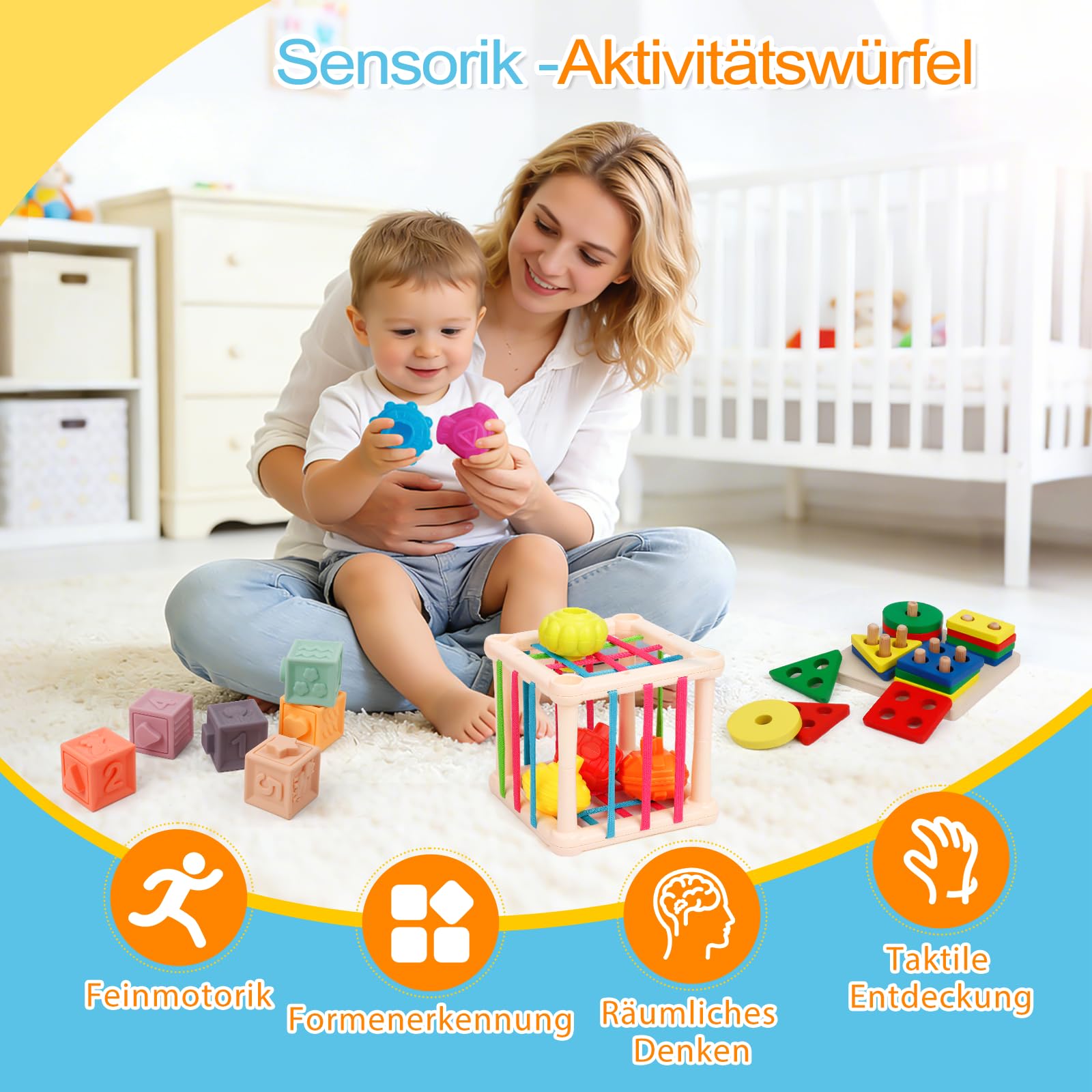 Montessori zabawka dla małych dzieci w wieku 1-3 lat, zabawka edukacyjna 7 w 1, zestaw z książką z materiału, klocki do układania w stos i zabawką sensoryczną, prezent dla chłopców i