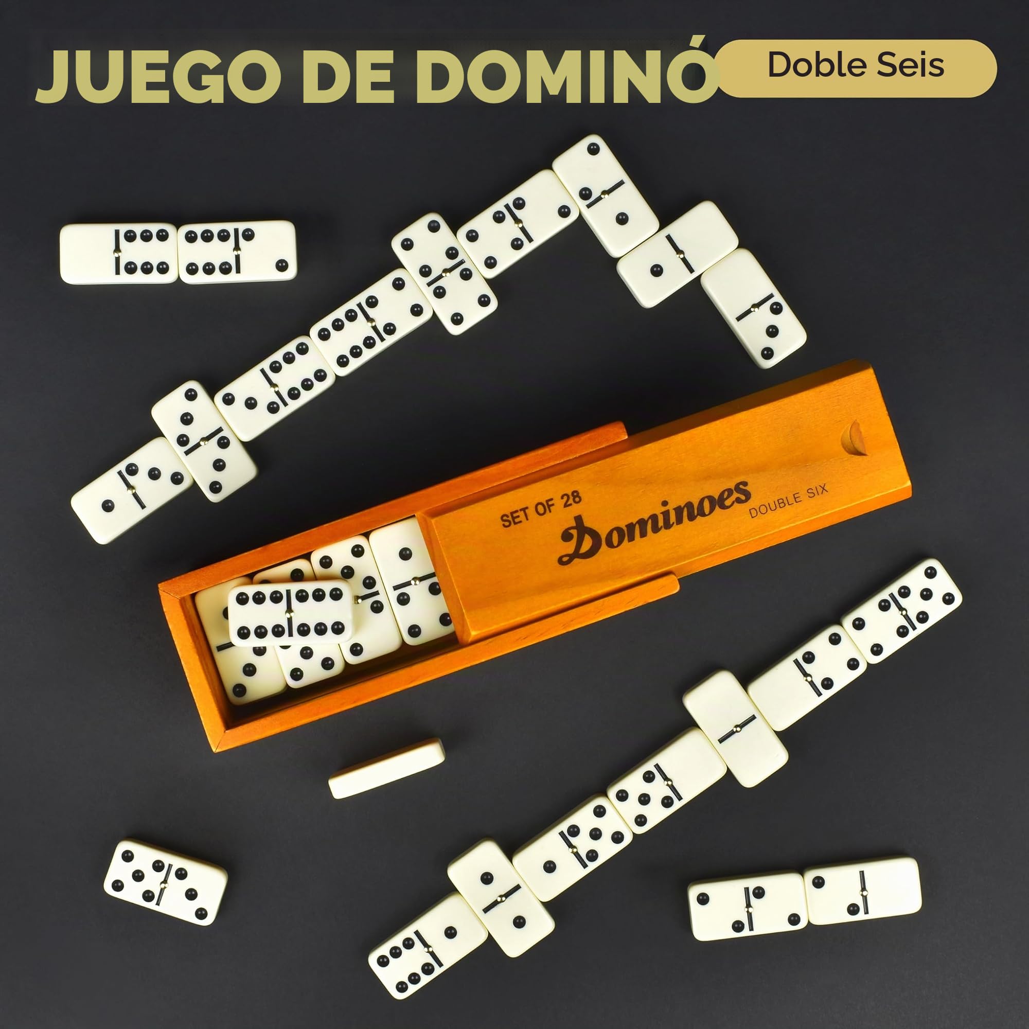 Queensell Juego de dominó para adultos - Dominó - Juegos de mesa clásicos, juegos familiares dobles de 6 dominó para niños y adultos - Juego de dominó estándar doble seis 28 azulejos con caja de
