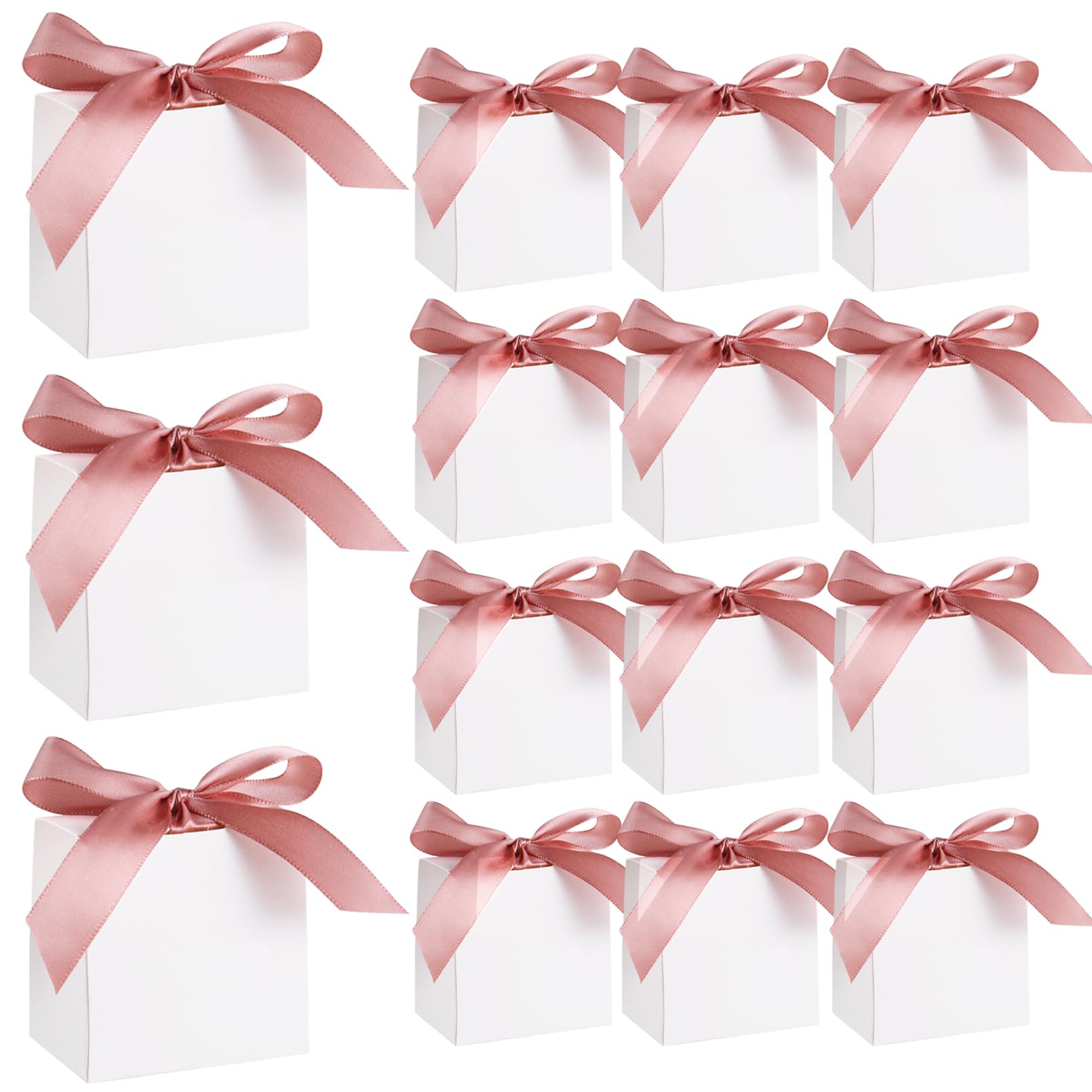 48 Pack White Favour Boxes Mini Gift Bag Party Gift Boxes for Wedding Baby Shower(Pink Ribbons)