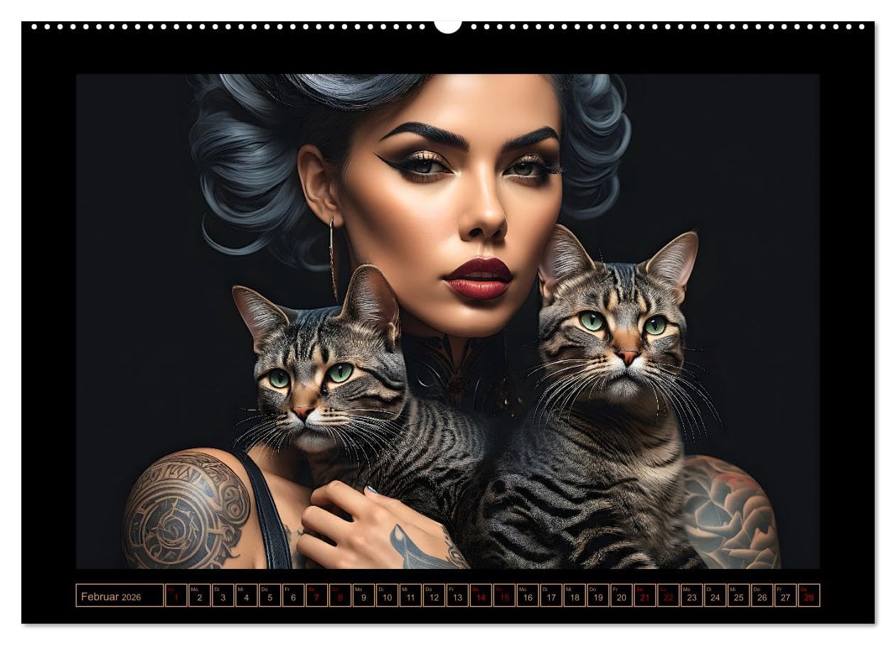 Geheimnisvolle Katzenfrauen (hochwertiger Premium Wandkalender 2026 DIN A2 quer), Kunstdruck in Hochglanz: Zauberhafte Porträts anmutiger Samtpfoten ... verführerischen Gefährtinnen (CALVENDO Tiere)